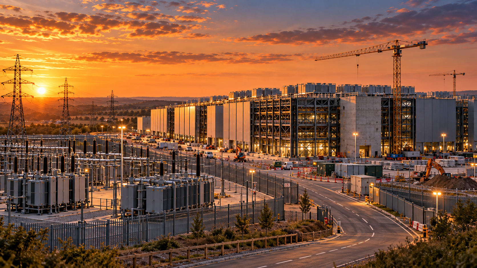 AI construction infrastructure project at golden hour