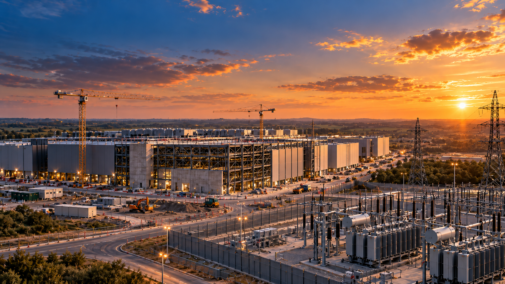 Data centre construction at golden hour